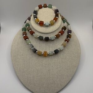 Multi Color Agate Quartz Square Cube Beaded Necklace and stretch Bracelet EUC